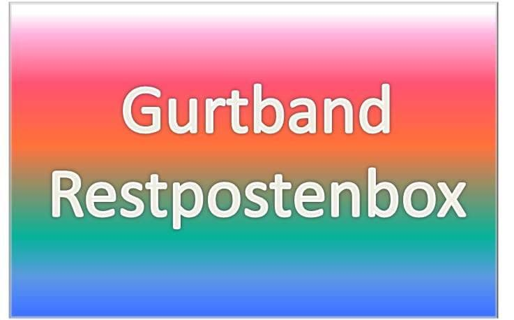 Picture of  <p><strong>Restpostenbox 50mm breites PP-Gurtband</strong></p> <p><strong>Gesamtl&auml;nge 25m, aufgeteilt in Rollen mit einer L&auml;nge von mindestens  1m - ca. 9m</strong></p> <p><strong>Folgende Farben befinden sich in der Restpostenbox (verschiedene  L&auml;ngen): t&uuml;rkis, k&ouml;nigsblau, dunkelblau.</strong></p>